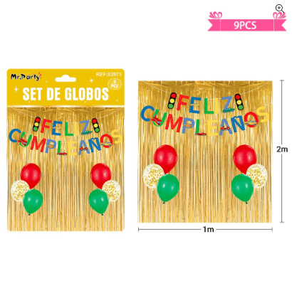 Set de globos con cortina y guirnalda de autos 9pcs