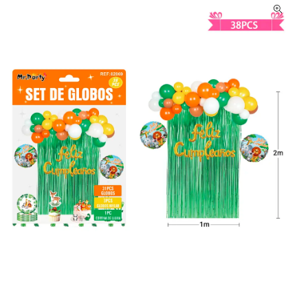 Set de globos con animales y cortina verde 38pcs