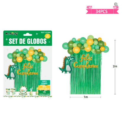 Set de globos con dinosaurio y cortina verde 34pcs