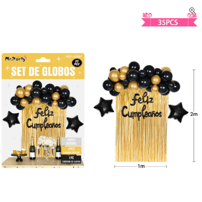 Set de globos con cortina dorado 35pcs