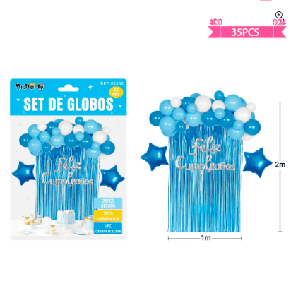 Set de globos con cortina celeste 35pcs