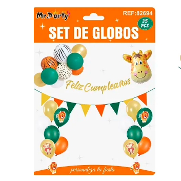 Set de globos látex y guirnalda con animales 35pcs