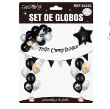 Set de globos látex y guirnalda negro y plateado 38pcs