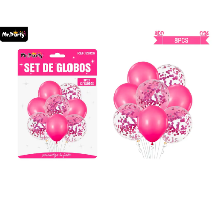 Set de globos fuscia con confetti 8pcs