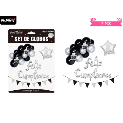 Set de globos y banderines plateado y negro con estrella 21pcs