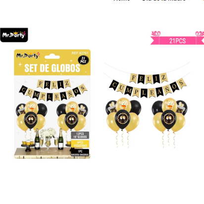 Set de globos látex y guirnalda dorado y negro 21pcs