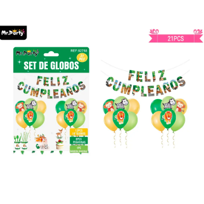 Set de globos látex y guirnalda con animales 21pcs