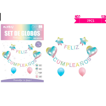 Set de globos y guirnalda colorido con estrella y corazón 7pcs