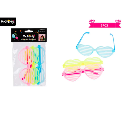 Lentes cotillón corazón fluor colores surtidos 3pcs