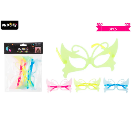 Lentes cotillón mariposa fluor colores surtidos 3pcs