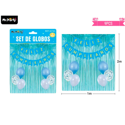 Set de globos y guirnalda con cortina celeste 9pcs