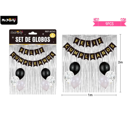 Set de globos y guirnalda con cortina plateado 9pcs