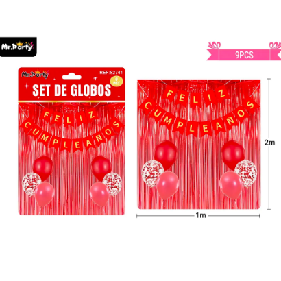 Set de globos y guirnalda con cortina rojo 9pcs