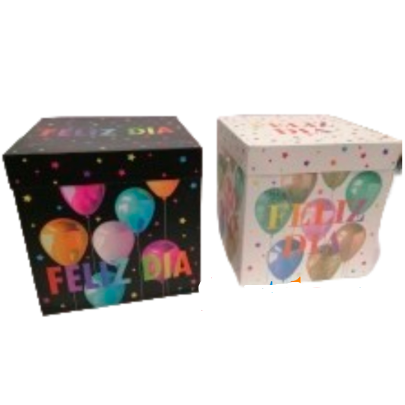 caja de regalo feliz dia -negro-dorado 30 x 30 cms.