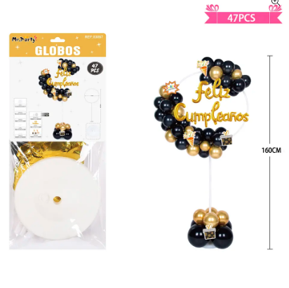 Arco de globos con base negro y dorado 47pcs