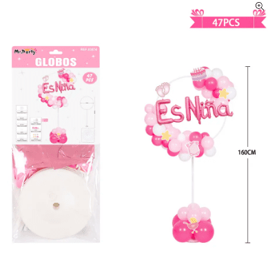 Arco de globos con base baby shower rosado es niña 47pcs