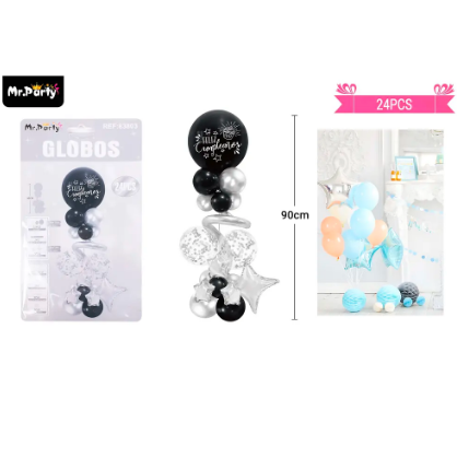 Set de globos con base negro y plateado 24pcs