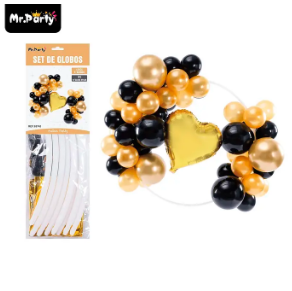 Arco de globos negro y dorado con corazón 48pcs
