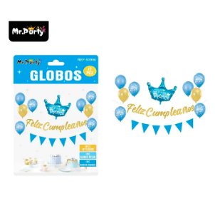 Set de globos látex y guirnalda azul con corona 13pcs