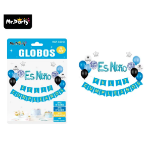 Set de globos látex y guirnalda azul es niño 16pcs