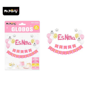 Set de globos látex y guirnalda rosado es niña 16pcs