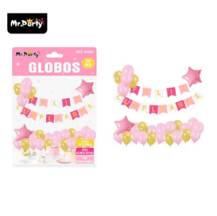 Set de globos látex y guirnalda rosado 29pcs