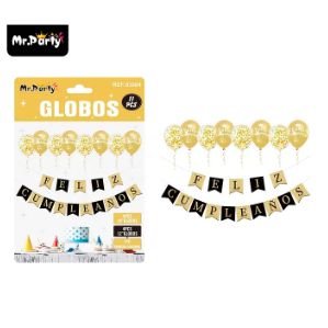 Set de globos látex y guirnalda dorado y negro 11pcs