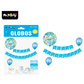 Set de globos látex y guirnalda azul es niño 60pcs