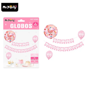 Set de globos látex y guirnalda rosado es niña 60pcs