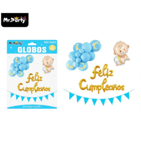 Set de globos látex y guirnalda azul con niño 16pcs