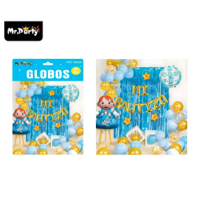 Set de globos látex mi bautizo con cortinas 44pcs