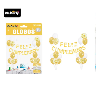 Set de globos látex y guirnalda dorado 21pcs