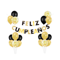 Set de globos látex y guirnalda negro y dorado 21pcs