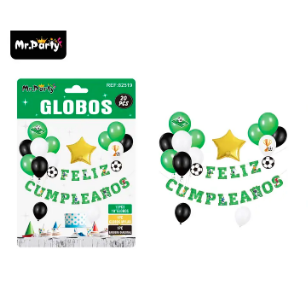 Set de globos látex y guirnalda con fútbol 20pcs