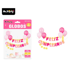 Set de globos látex y guirnalda rosado con luz 9pcs