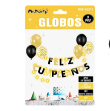 Set de globos látex y guirnalda dorado y negro con luz 9pcs