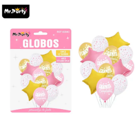 Set de globos de látex 14pcs feliz cumpleaños rosado y dorado