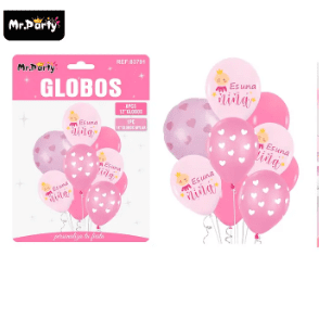 Set de globos de látex 9pcs baby shower es una niña rosado