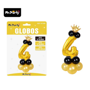 Set globos de número 4 dorado con corona 16pcs
