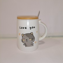 tazon gatito love you  c/ tapa y cuchara 